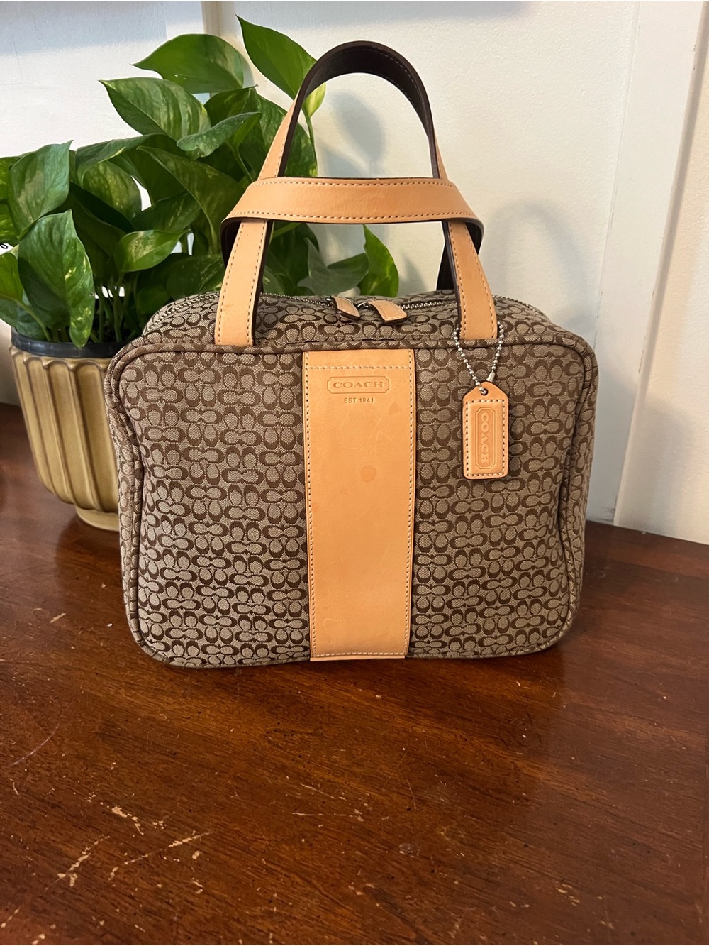 COACH Y2K Brown Signature Canvas Toiletry Bag with Tan Leather Trim